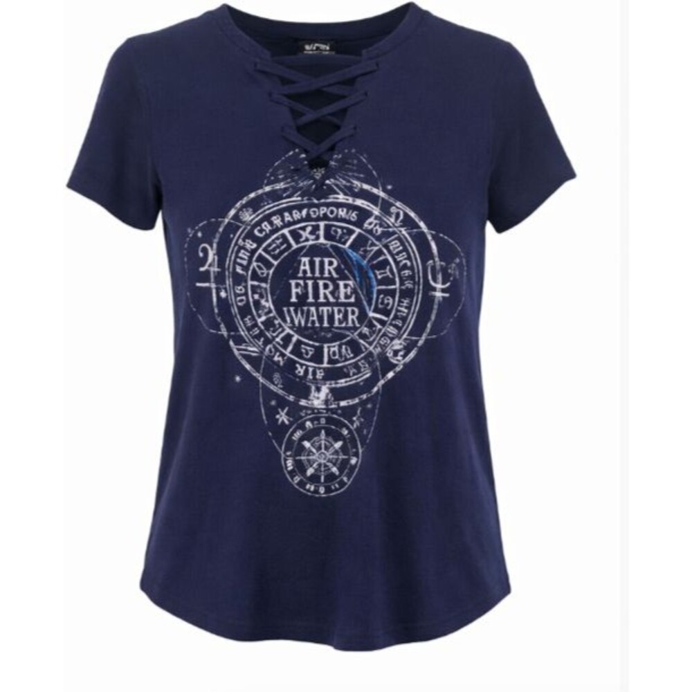 Modern Lux Women’s XS Navy Lace Up Graphic T Shirt Air Fire Water Short Sleeve